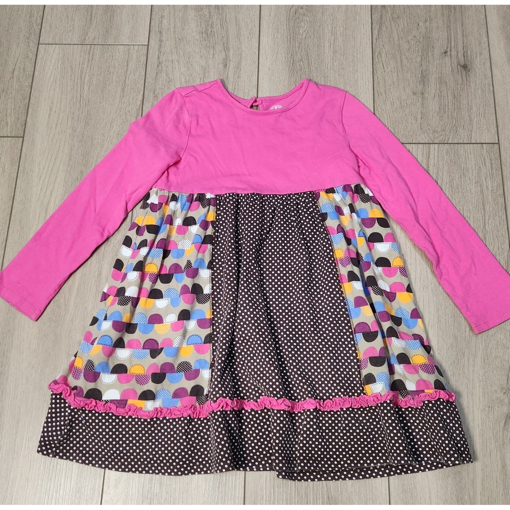J. Khaki Girls Size 6 Pink Brown Polka Dot Patchwork Long Sleeve Cotton Dress